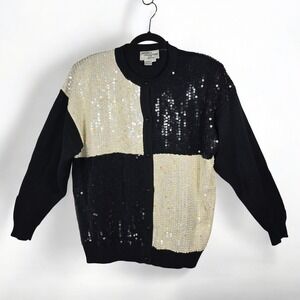 VTG Regency Collection for Joyce Sequin‎ Colorblock Cardigan Black Cream Large
